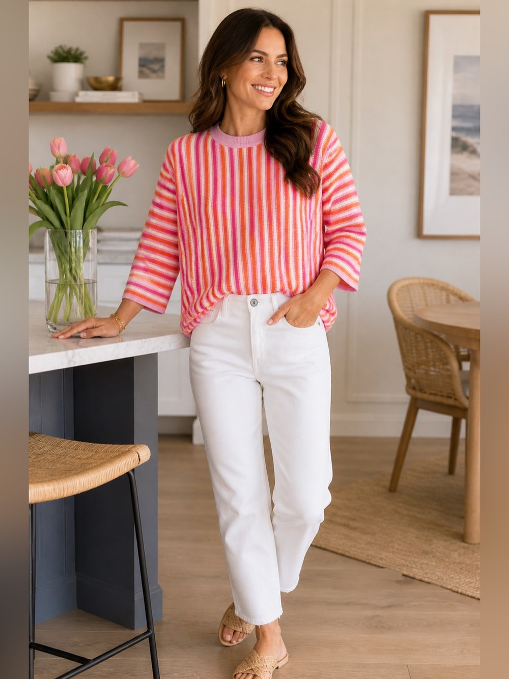 Avara Colorful Striped Knit Sweater Pink Orange 3/4 Sleeve Small